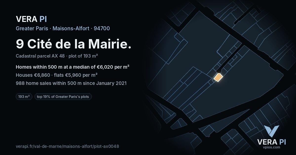 9 Cité de la Mairie, Maisons-Alfort at night – the plot lit, the parcels around coloured by the prices near them