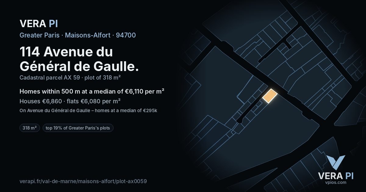 114 Avenue du Général de Gaulle, Maisons-Alfort at night – the plot lit, the parcels around coloured by the prices near them
