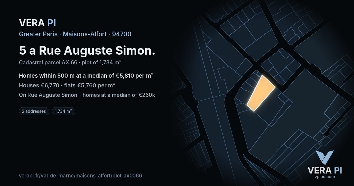 5 a Rue Auguste Simon, Maisons-Alfort at night – the plot lit, the parcels around coloured by the prices near them