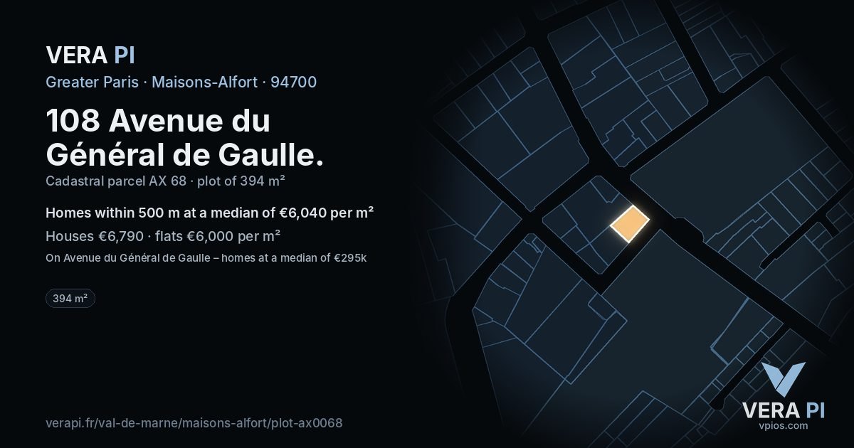 108 Avenue du Général de Gaulle, Maisons-Alfort at night – the plot lit, the parcels around coloured by the prices near them
