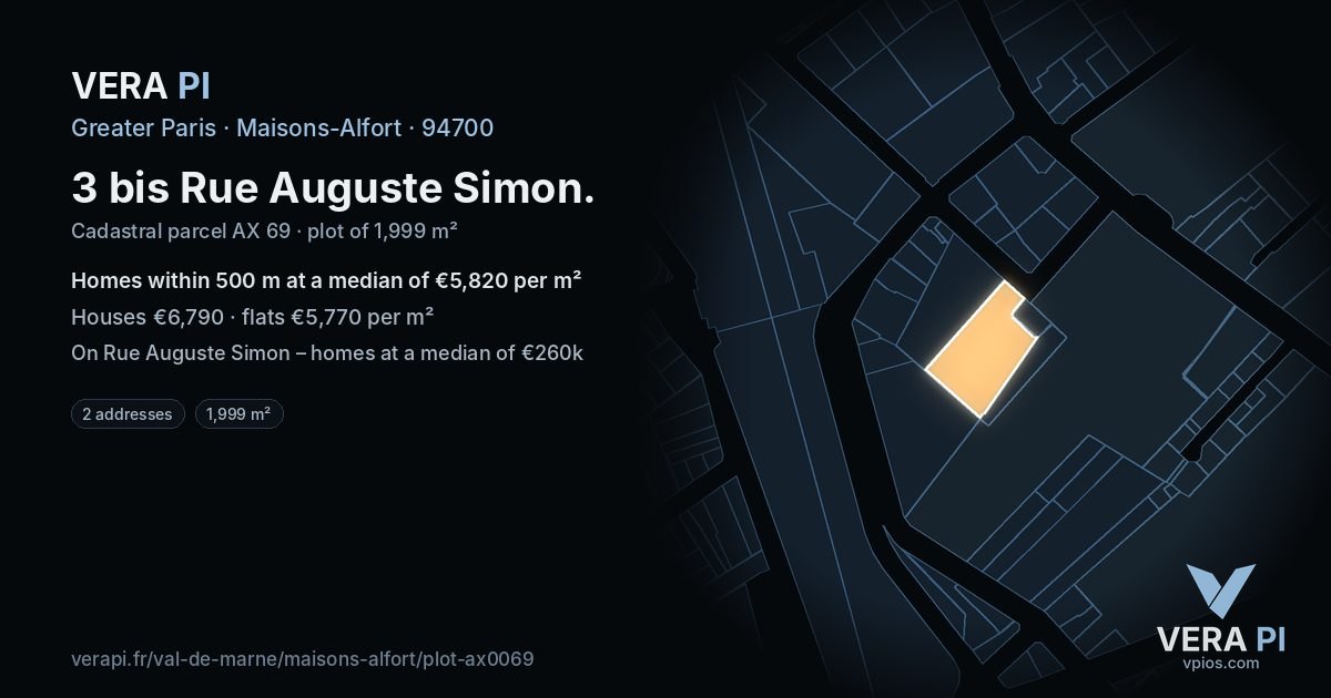 3 bis Rue Auguste Simon, Maisons-Alfort at night – the plot lit, the parcels around coloured by the prices near them