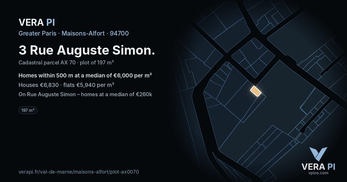 3 Rue Auguste Simon, Maisons-Alfort at night – the plot lit, the parcels around coloured by the prices near them
