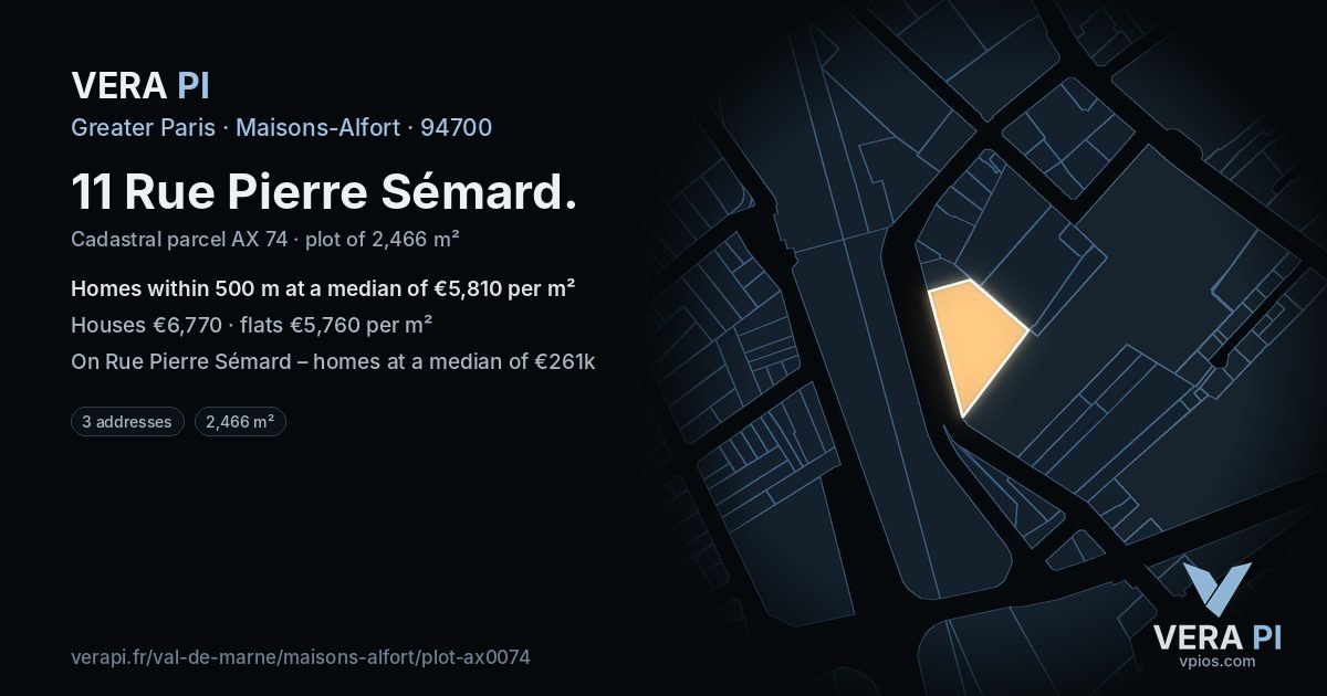 11 Rue Pierre Sémard, Maisons-Alfort at night – the plot lit, the parcels around coloured by the prices near them