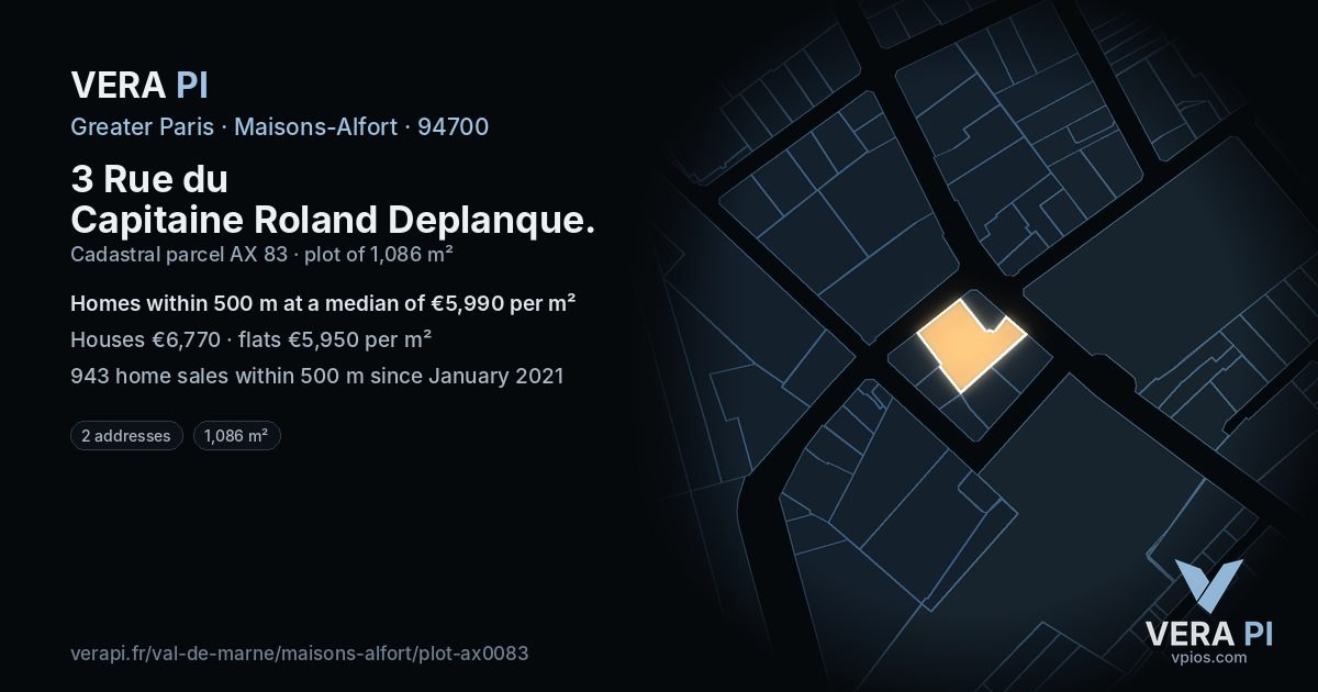 3 Rue du Capitaine Roland Deplanque, Maisons-Alfort at night – the plot lit, the parcels around coloured by the prices near them