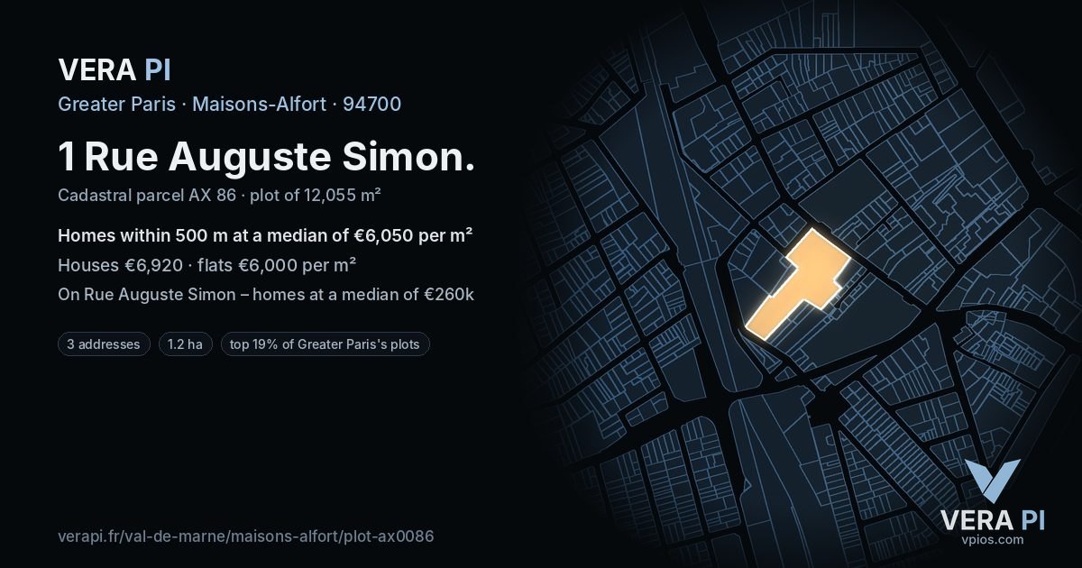 1 Rue Auguste Simon, Maisons-Alfort at night – the plot lit, the parcels around coloured by the prices near them