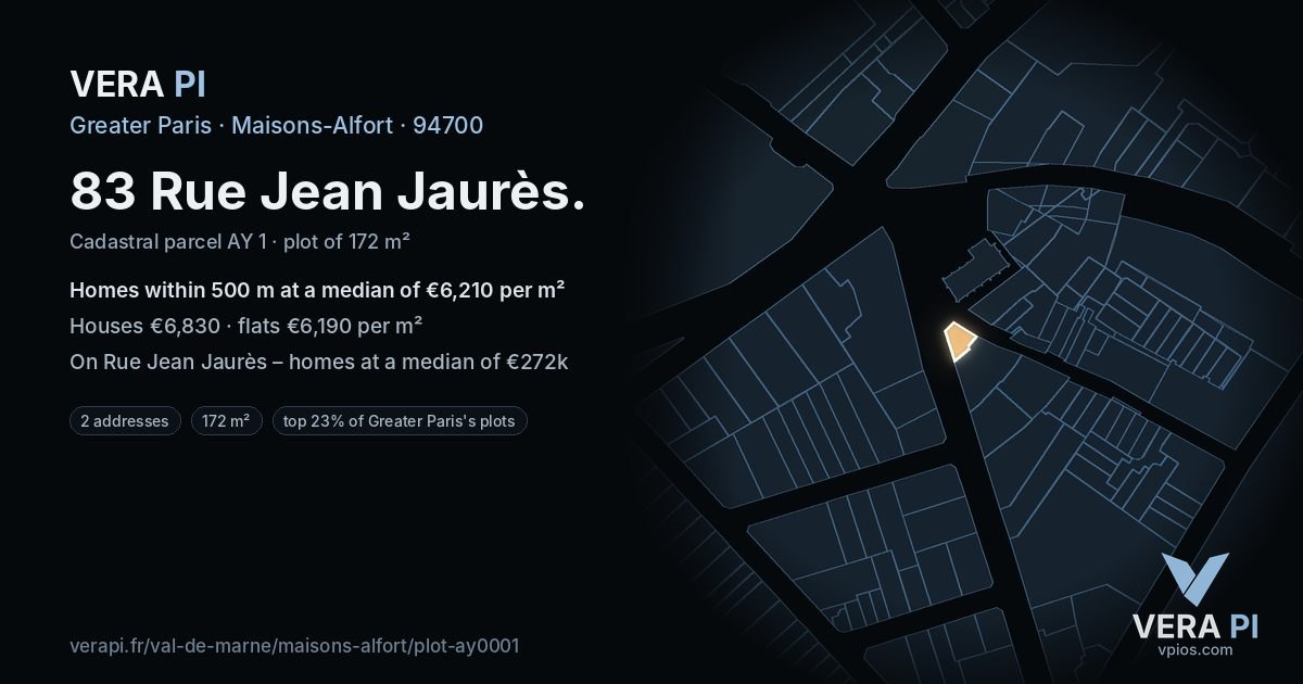 83 Rue Jean Jaurès, Maisons-Alfort at night – the plot lit, the parcels around coloured by the prices near them