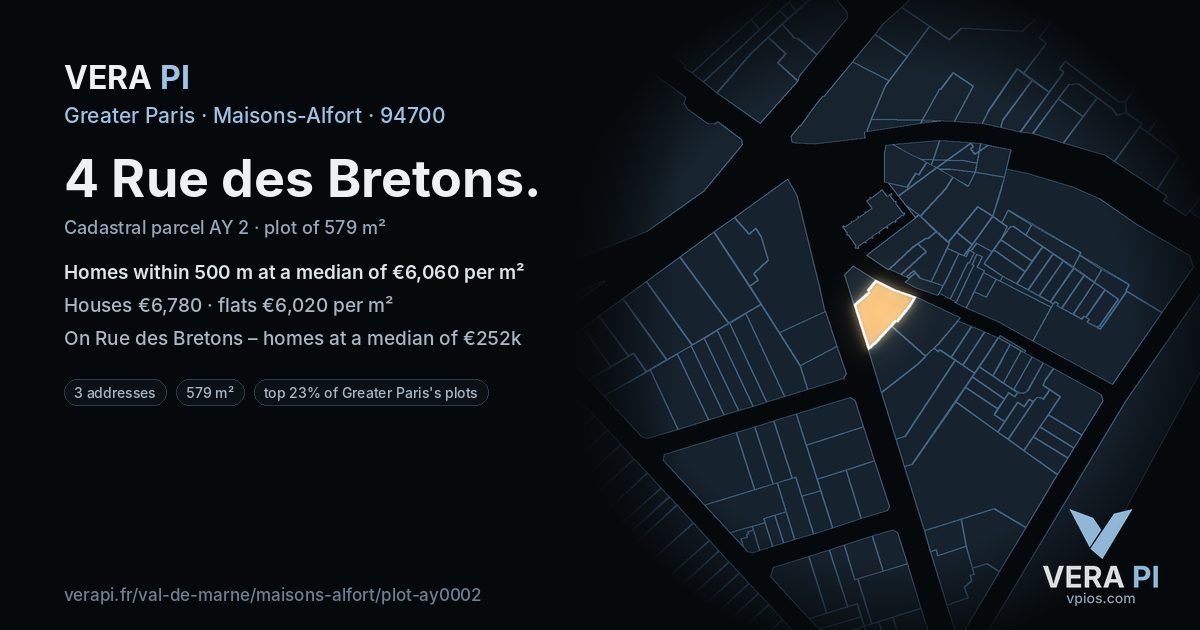 4 Rue des Bretons, Maisons-Alfort at night – the plot lit, the parcels around coloured by the prices near them