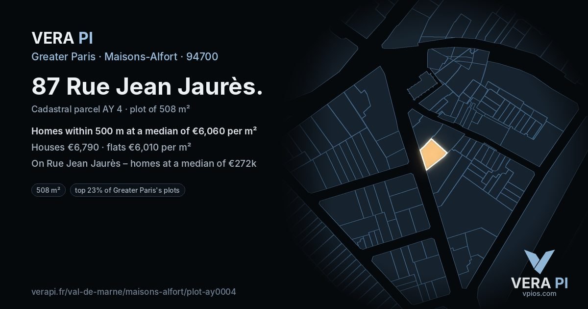 87 Rue Jean Jaurès, Maisons-Alfort at night – the plot lit, the parcels around coloured by the prices near them