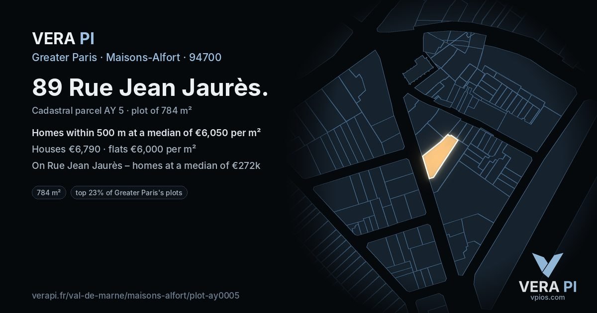 89 Rue Jean Jaurès, Maisons-Alfort at night – the plot lit, the parcels around coloured by the prices near them