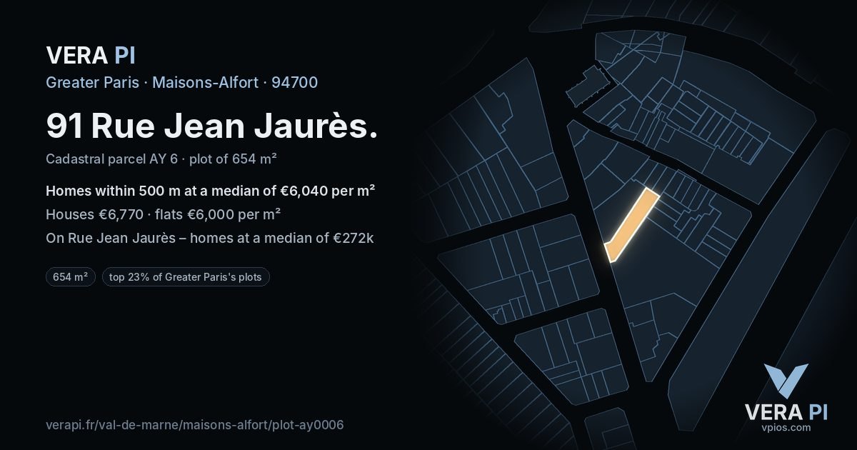 91 Rue Jean Jaurès, Maisons-Alfort at night – the plot lit, the parcels around coloured by the prices near them