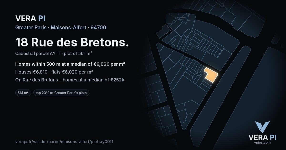 18 Rue des Bretons, Maisons-Alfort at night – the plot lit, the parcels around coloured by the prices near them