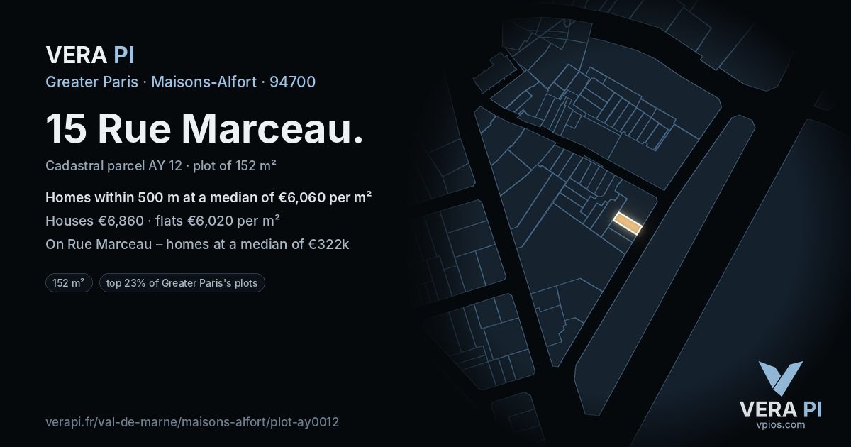 15 Rue Marceau, Maisons-Alfort at night – the plot lit, the parcels around coloured by the prices near them