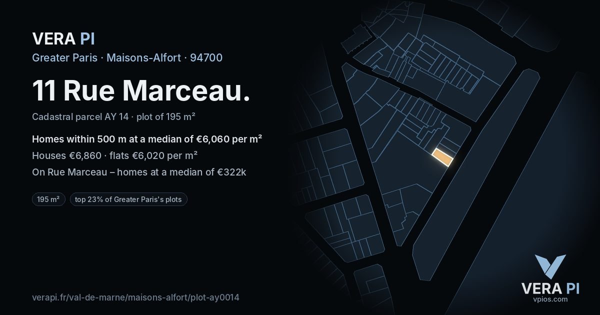11 Rue Marceau, Maisons-Alfort at night – the plot lit, the parcels around coloured by the prices near them