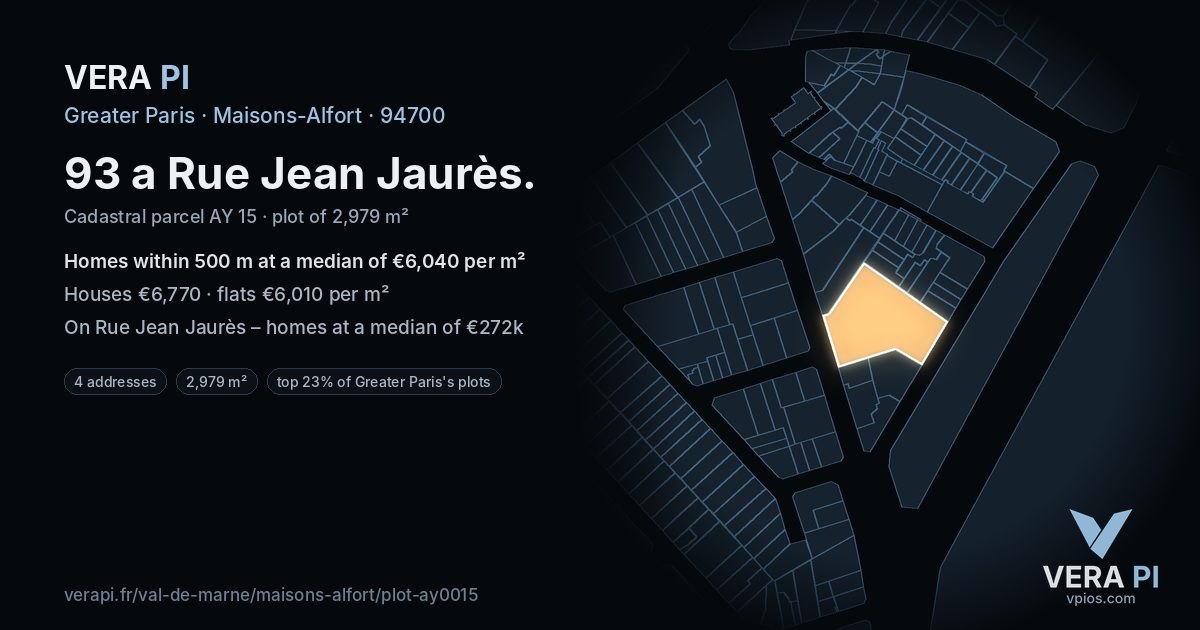 93 a Rue Jean Jaurès, Maisons-Alfort at night – the plot lit, the parcels around coloured by the prices near them
