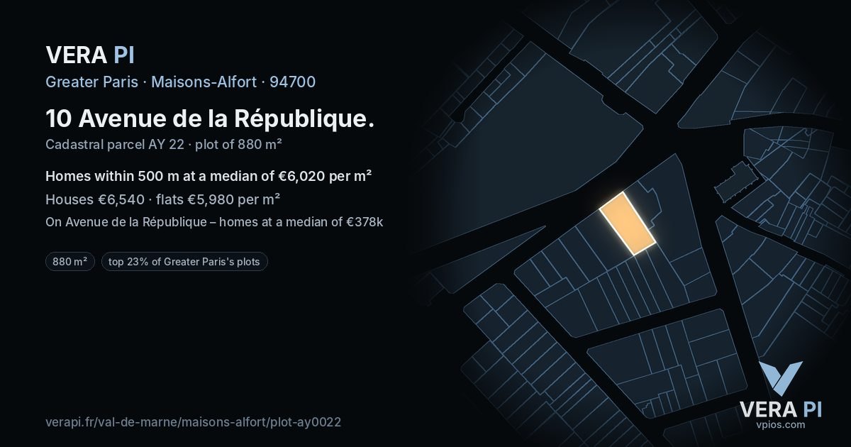 10 Avenue de la République, Maisons-Alfort at night – the plot lit, the parcels around coloured by the prices near them