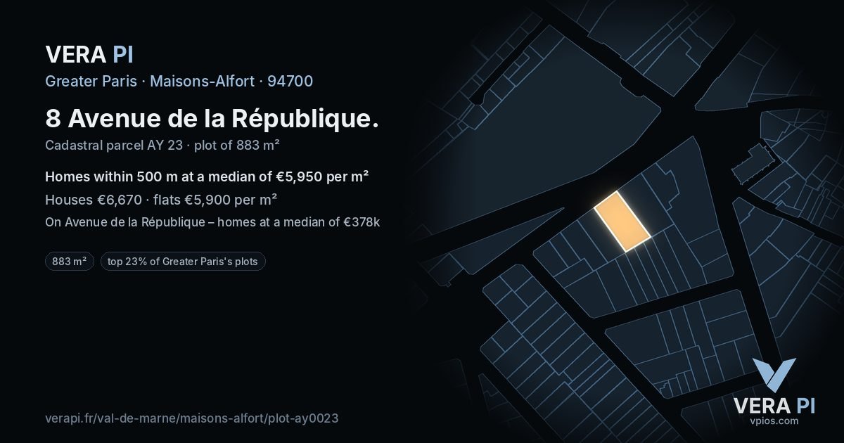 8 Avenue de la République, Maisons-Alfort at night – the plot lit, the parcels around coloured by the prices near them