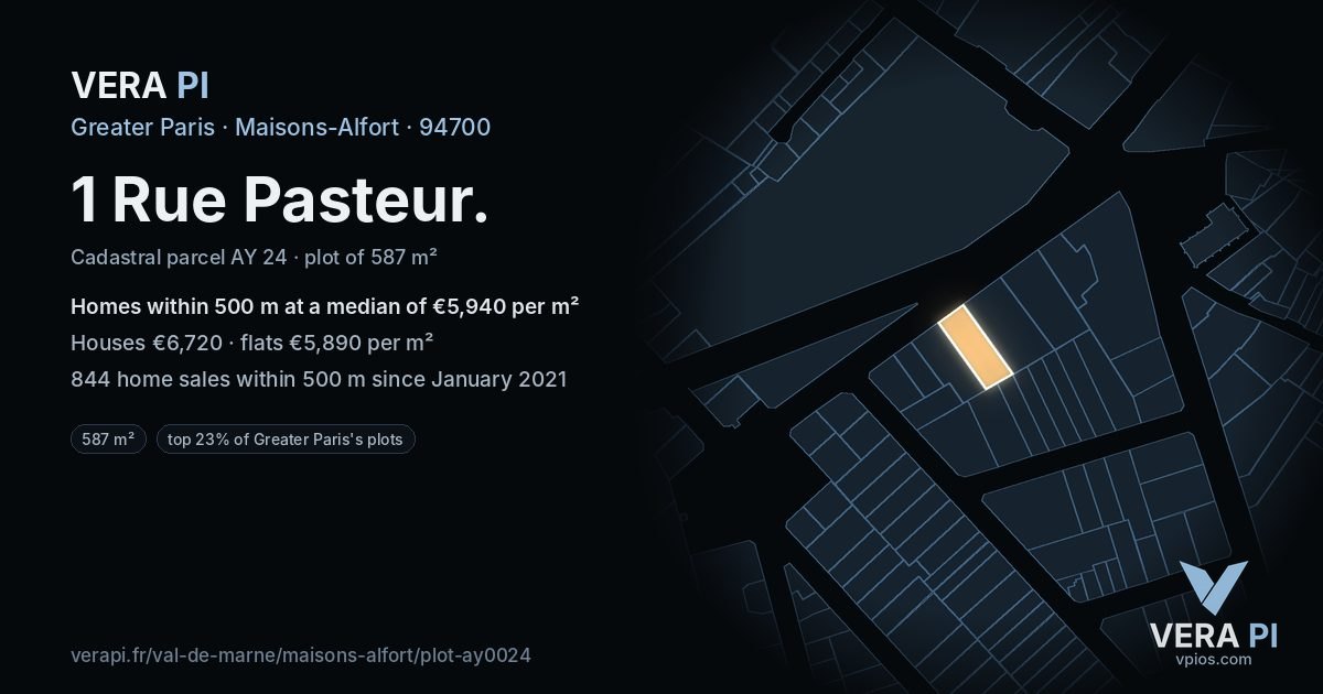 1 Rue Pasteur, Maisons-Alfort at night – the plot lit, the parcels around coloured by the prices near them