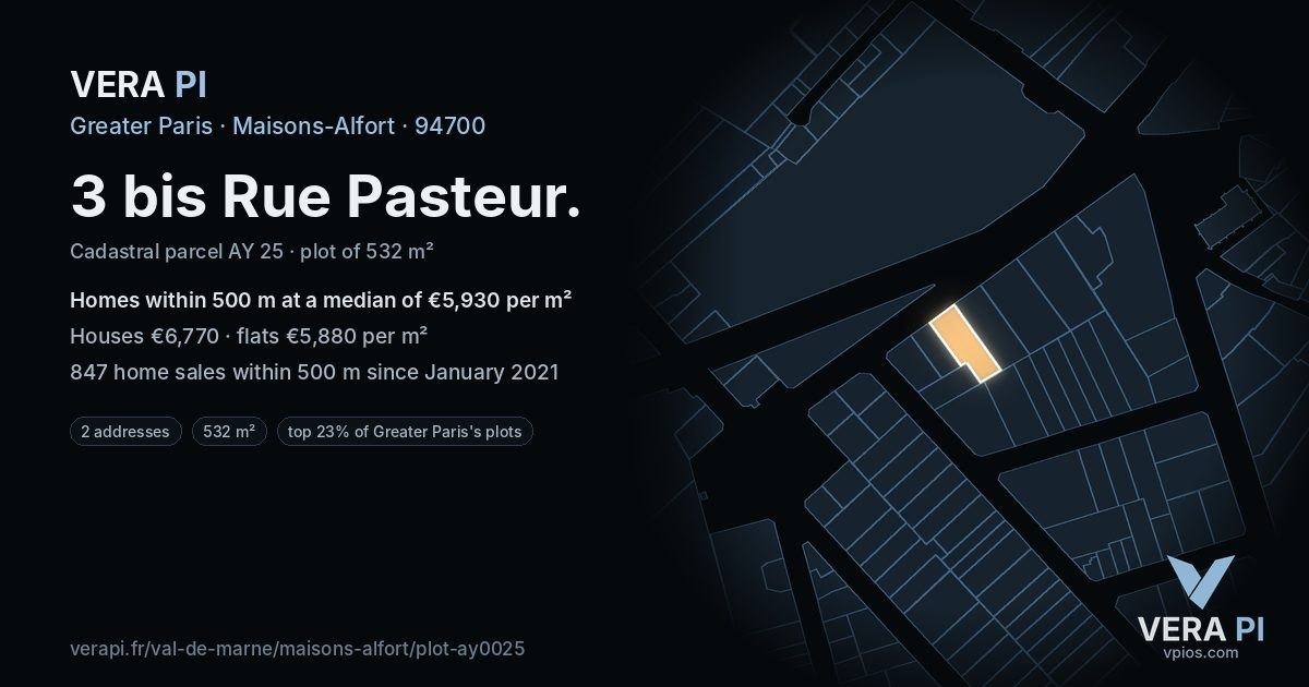3 bis Rue Pasteur, Maisons-Alfort at night – the plot lit, the parcels around coloured by the prices near them