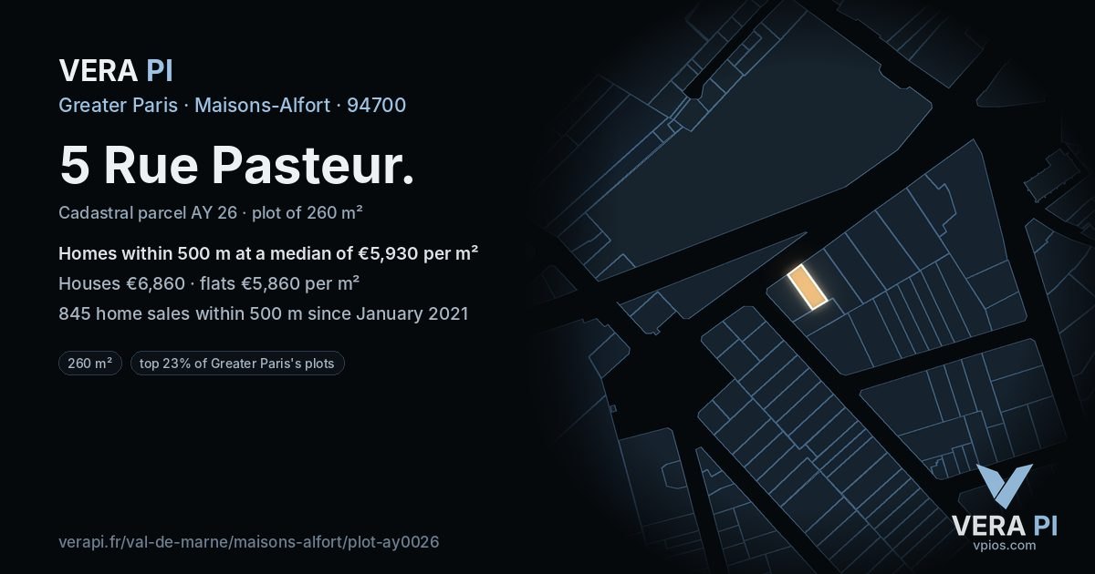 5 Rue Pasteur, Maisons-Alfort at night – the plot lit, the parcels around coloured by the prices near them