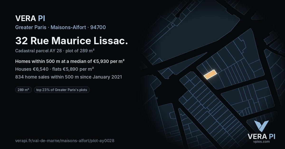 32 Rue Maurice Lissac, Maisons-Alfort at night – the plot lit, the parcels around coloured by the prices near them