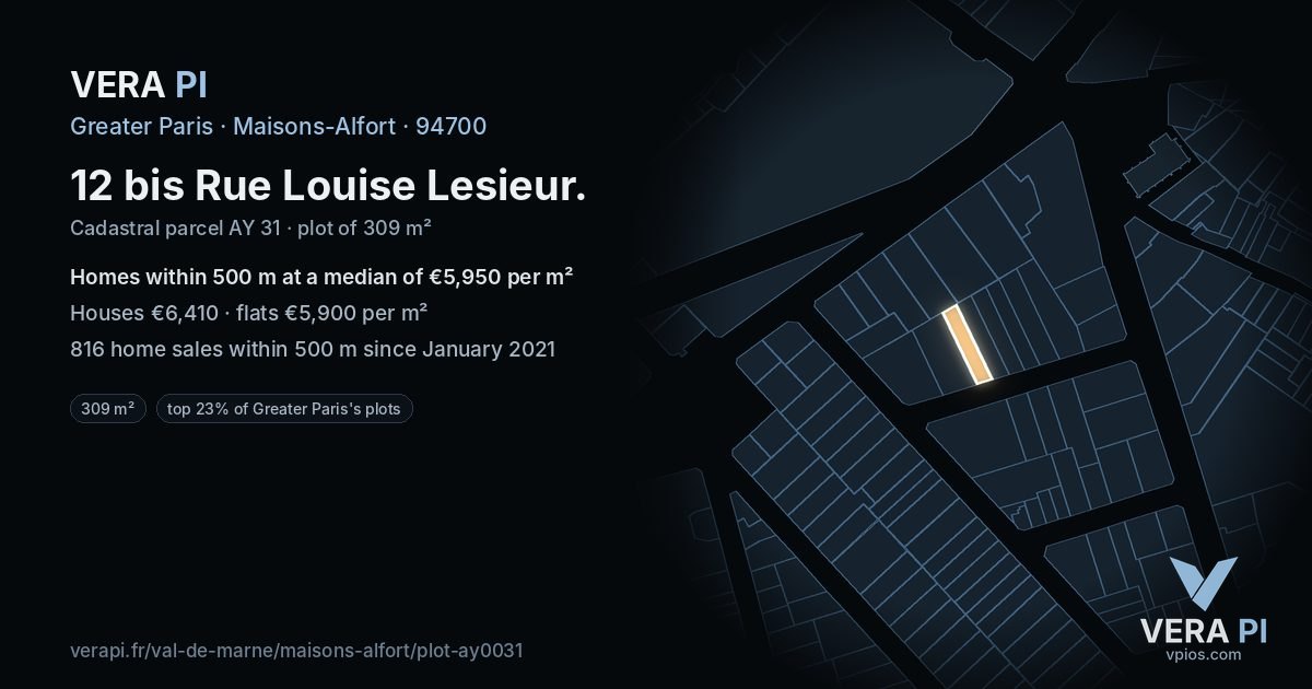 12 bis Rue Louise Lesieur, Maisons-Alfort at night – the plot lit, the parcels around coloured by the prices near them