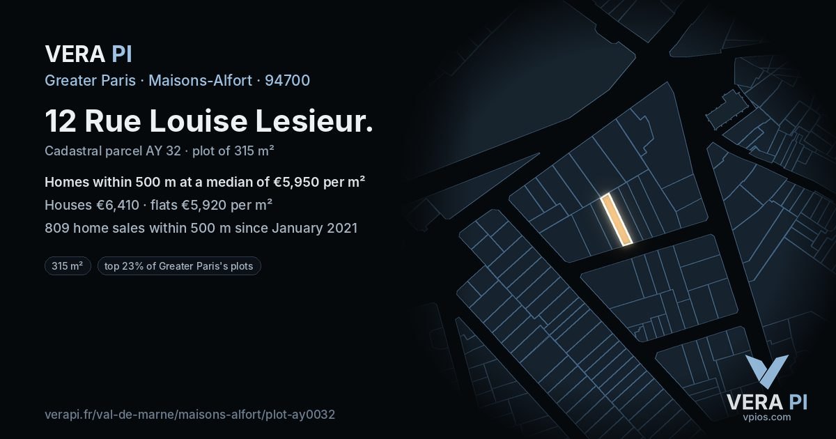 12 Rue Louise Lesieur, Maisons-Alfort at night – the plot lit, the parcels around coloured by the prices near them