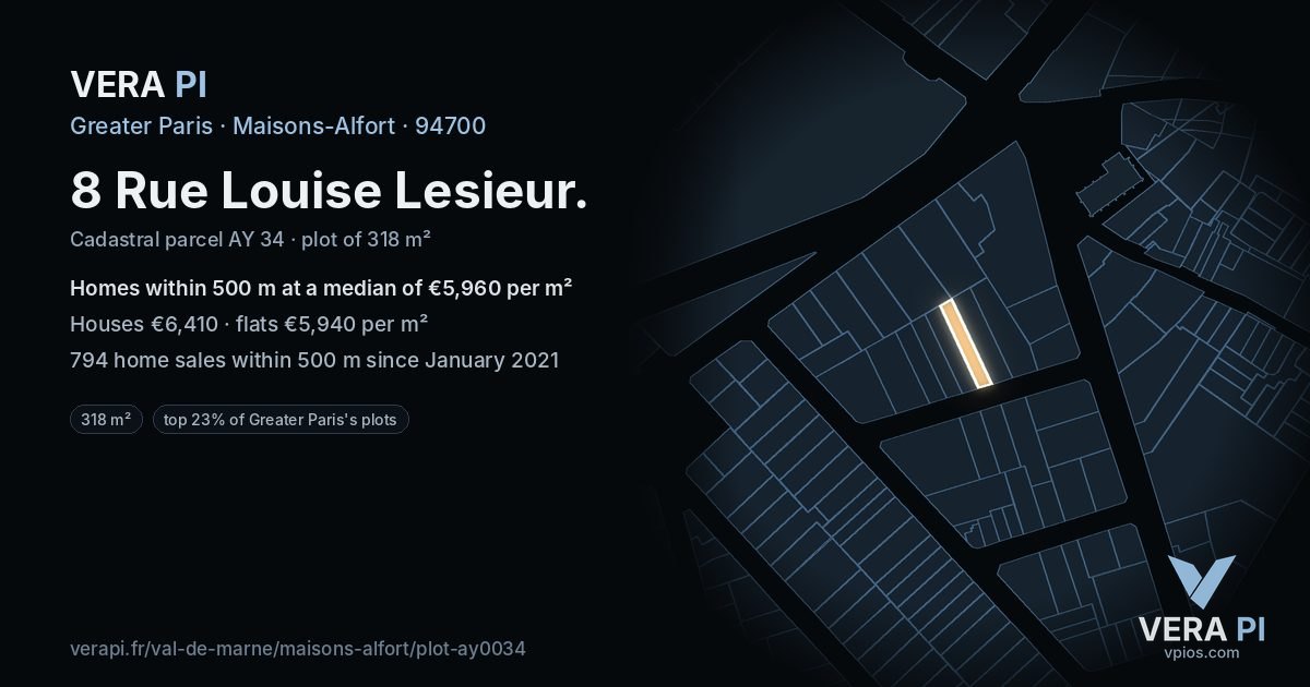8 Rue Louise Lesieur, Maisons-Alfort at night – the plot lit, the parcels around coloured by the prices near them