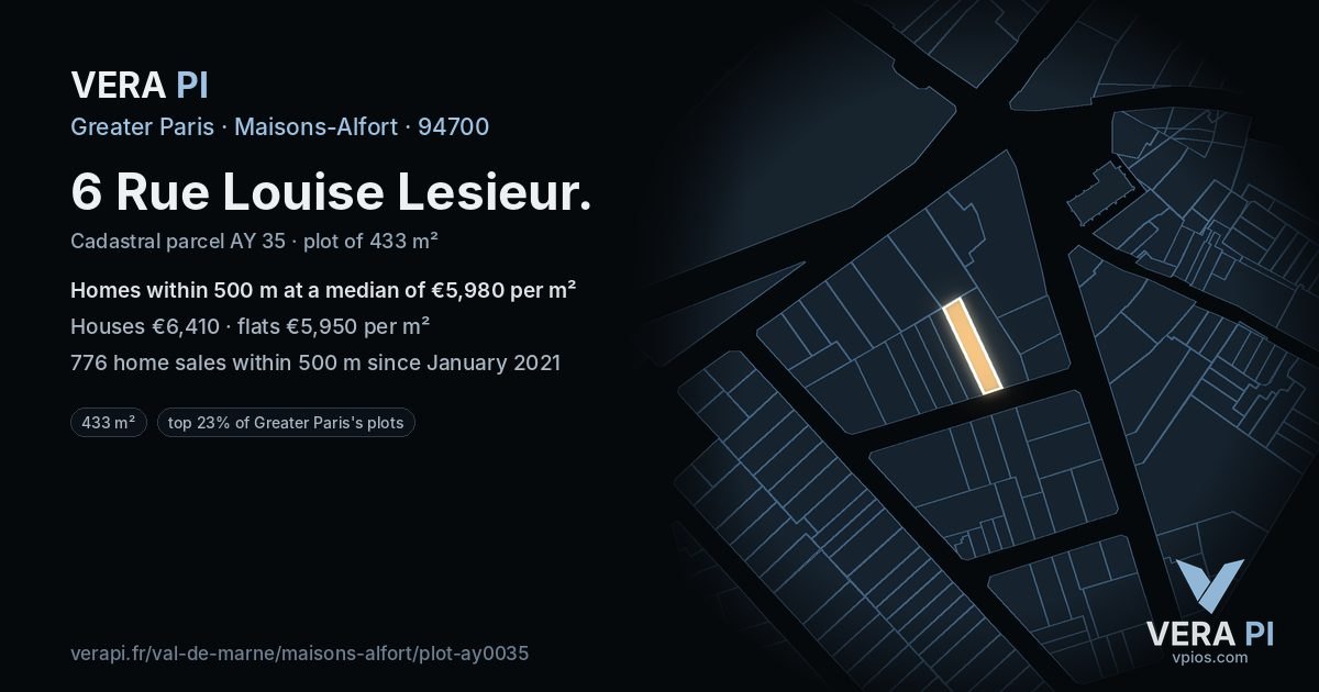 6 Rue Louise Lesieur, Maisons-Alfort at night – the plot lit, the parcels around coloured by the prices near them