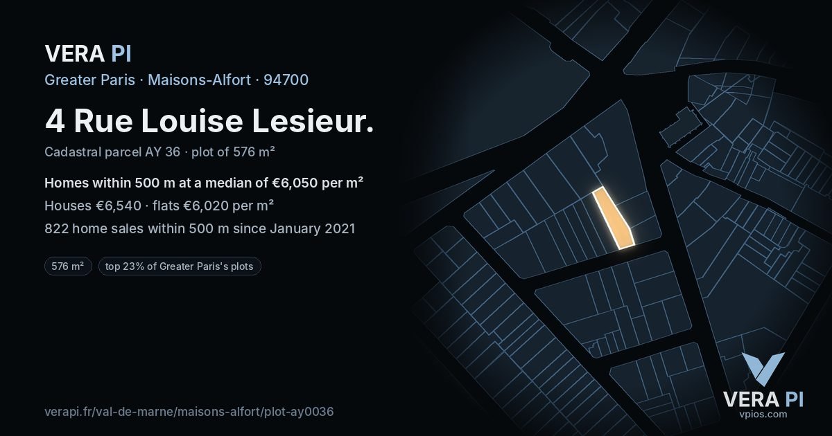 4 Rue Louise Lesieur, Maisons-Alfort at night – the plot lit, the parcels around coloured by the prices near them