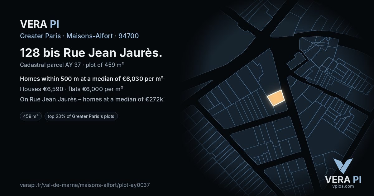 128 bis Rue Jean Jaurès, Maisons-Alfort at night – the plot lit, the parcels around coloured by the prices near them