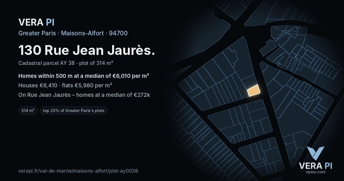 130 Rue Jean Jaurès, Maisons-Alfort at night – the plot lit, the parcels around coloured by the prices near them