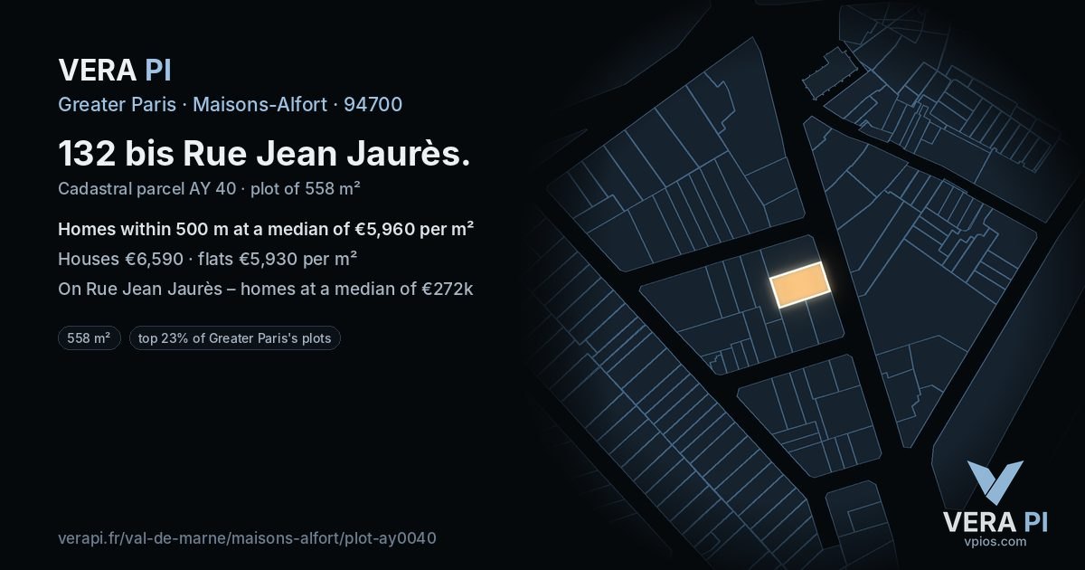 132 bis Rue Jean Jaurès, Maisons-Alfort at night – the plot lit, the parcels around coloured by the prices near them