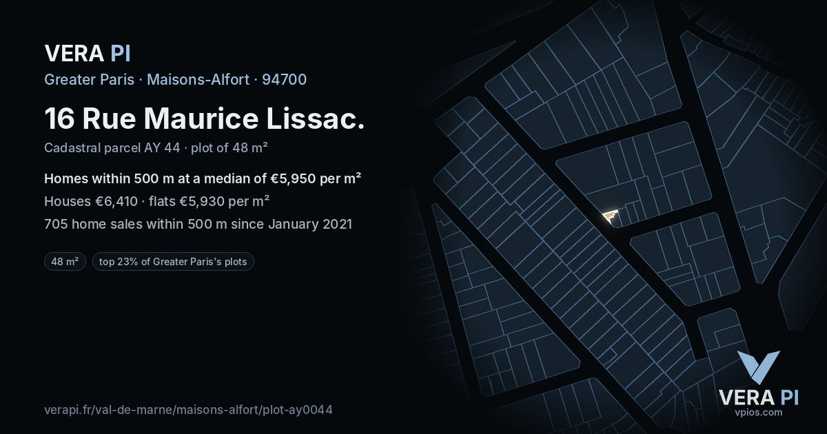 16 Rue Maurice Lissac, Maisons-Alfort at night – the plot lit, the parcels around coloured by the prices near them