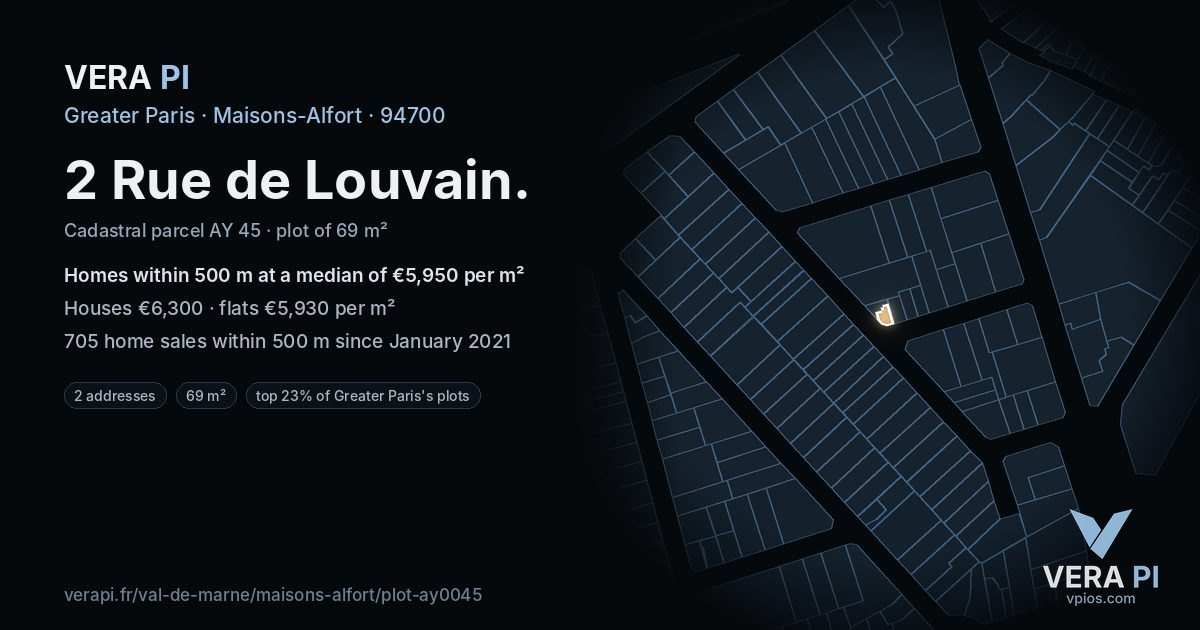 2 Rue de Louvain, Maisons-Alfort at night – the plot lit, the parcels around coloured by the prices near them