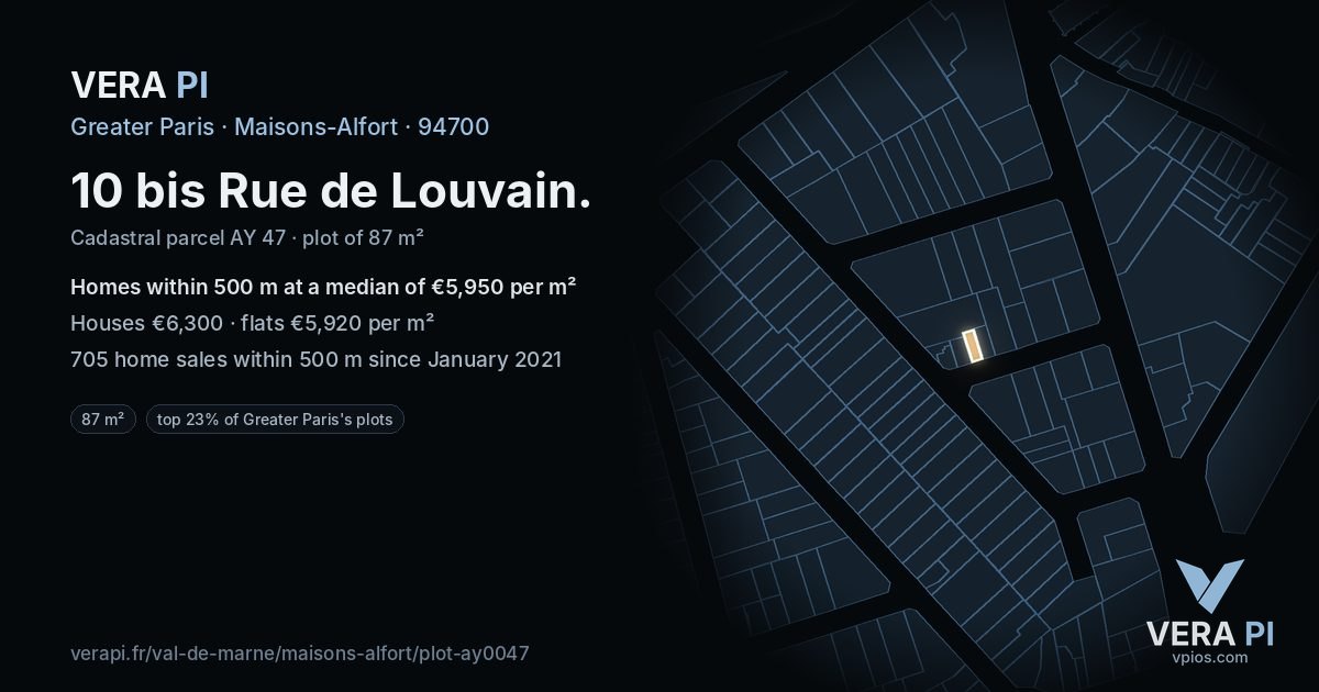 10 bis Rue de Louvain, Maisons-Alfort at night – the plot lit, the parcels around coloured by the prices near them