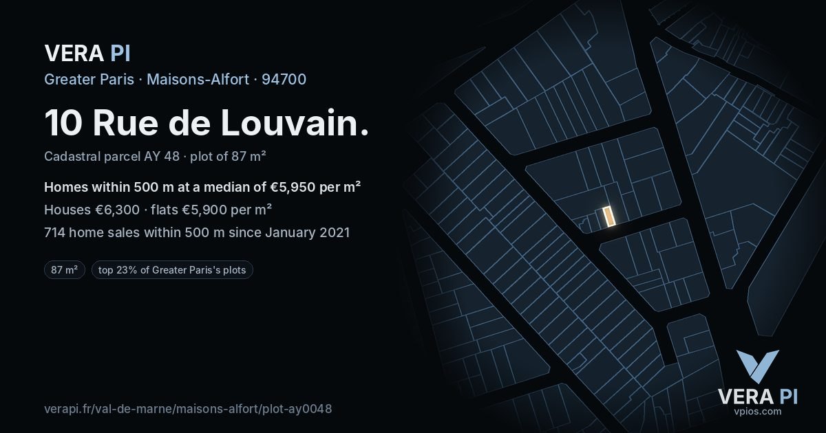 10 Rue de Louvain, Maisons-Alfort at night – the plot lit, the parcels around coloured by the prices near them