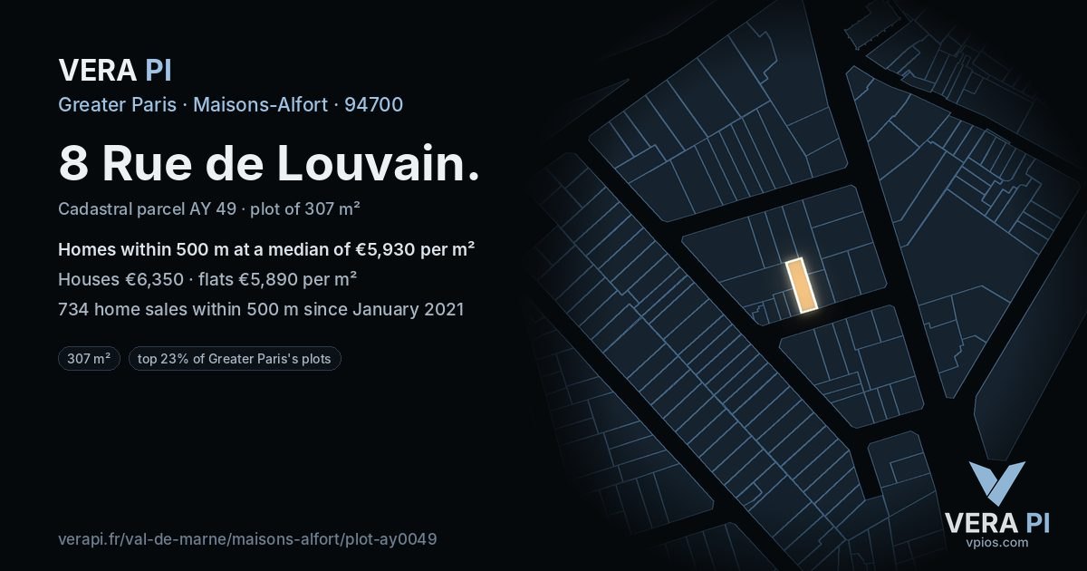 8 Rue de Louvain, Maisons-Alfort at night – the plot lit, the parcels around coloured by the prices near them