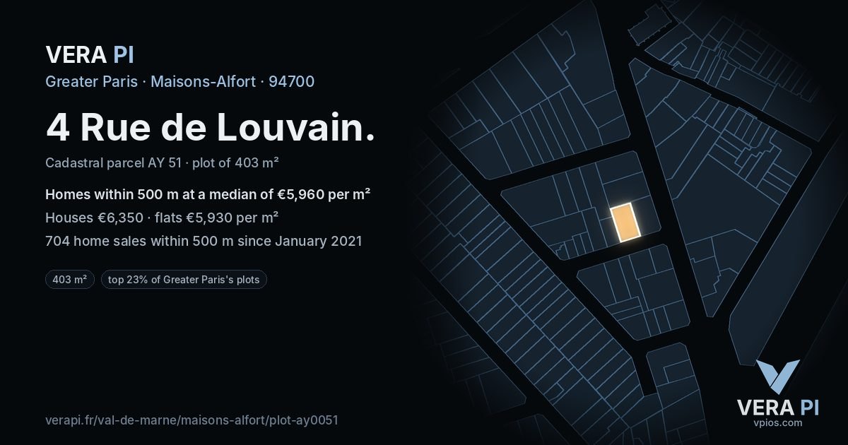 4 Rue de Louvain, Maisons-Alfort at night – the plot lit, the parcels around coloured by the prices near them