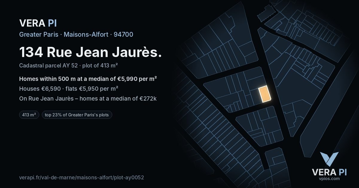 134 Rue Jean Jaurès, Maisons-Alfort at night – the plot lit, the parcels around coloured by the prices near them