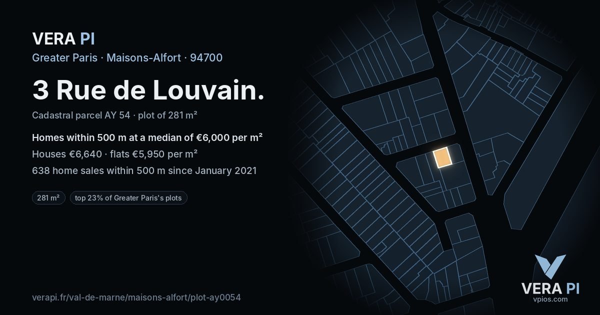 3 Rue de Louvain, Maisons-Alfort at night – the plot lit, the parcels around coloured by the prices near them