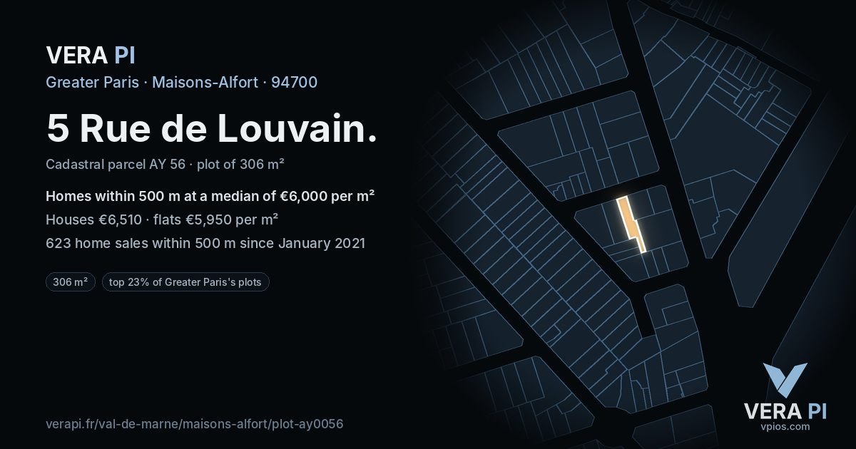 5 Rue de Louvain, Maisons-Alfort at night – the plot lit, the parcels around coloured by the prices near them