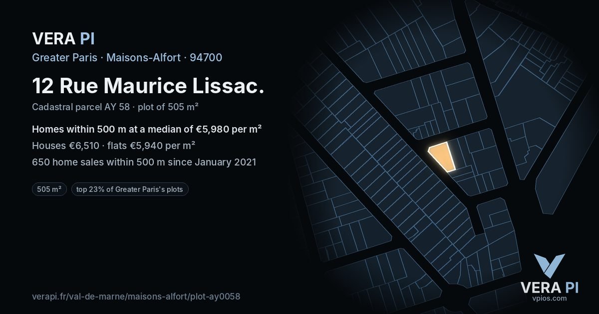 12 Rue Maurice Lissac, Maisons-Alfort at night – the plot lit, the parcels around coloured by the prices near them
