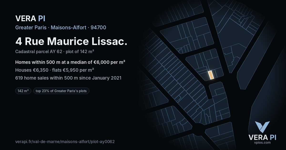 4 Rue Maurice Lissac, Maisons-Alfort at night – the plot lit, the parcels around coloured by the prices near them