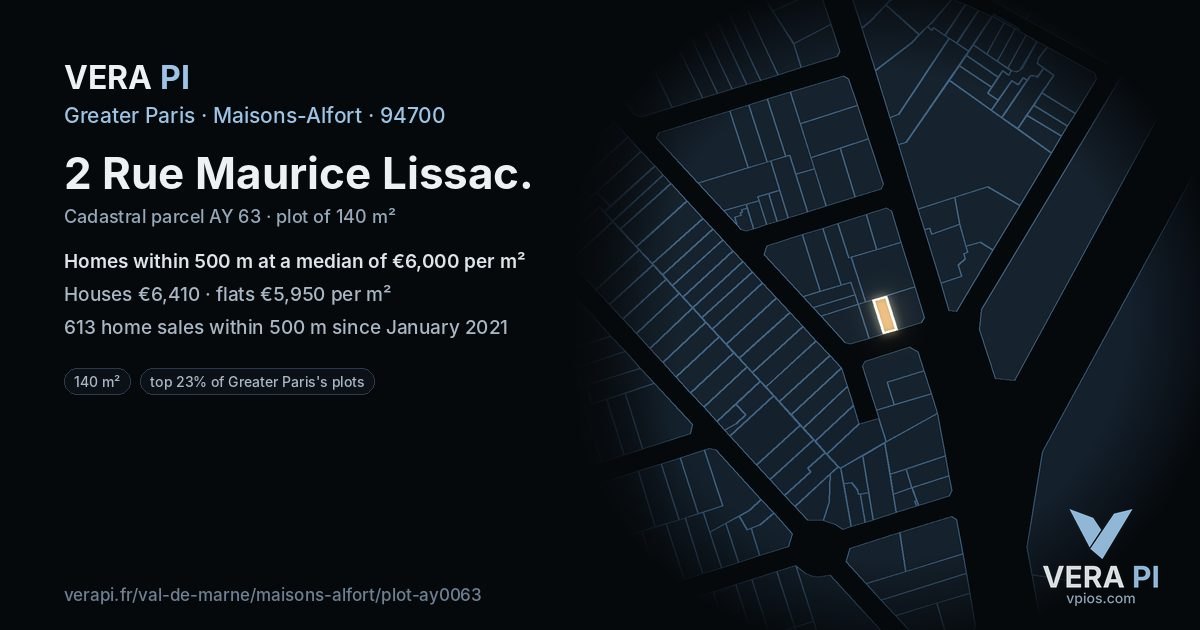2 Rue Maurice Lissac, Maisons-Alfort at night – the plot lit, the parcels around coloured by the prices near them