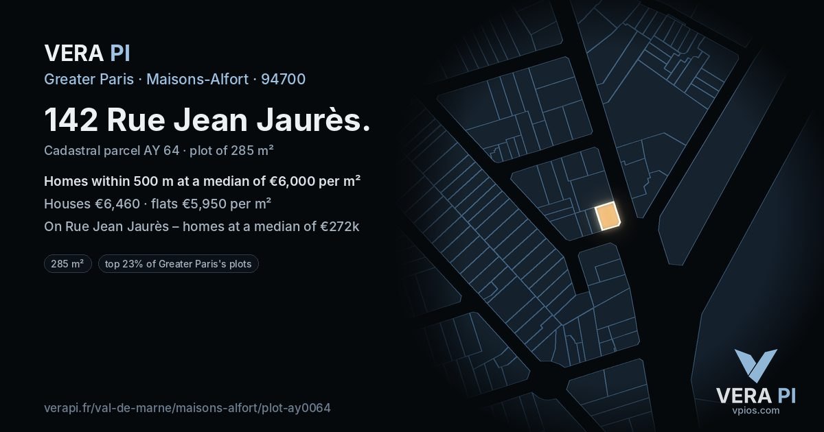 142 Rue Jean Jaurès, Maisons-Alfort at night – the plot lit, the parcels around coloured by the prices near them