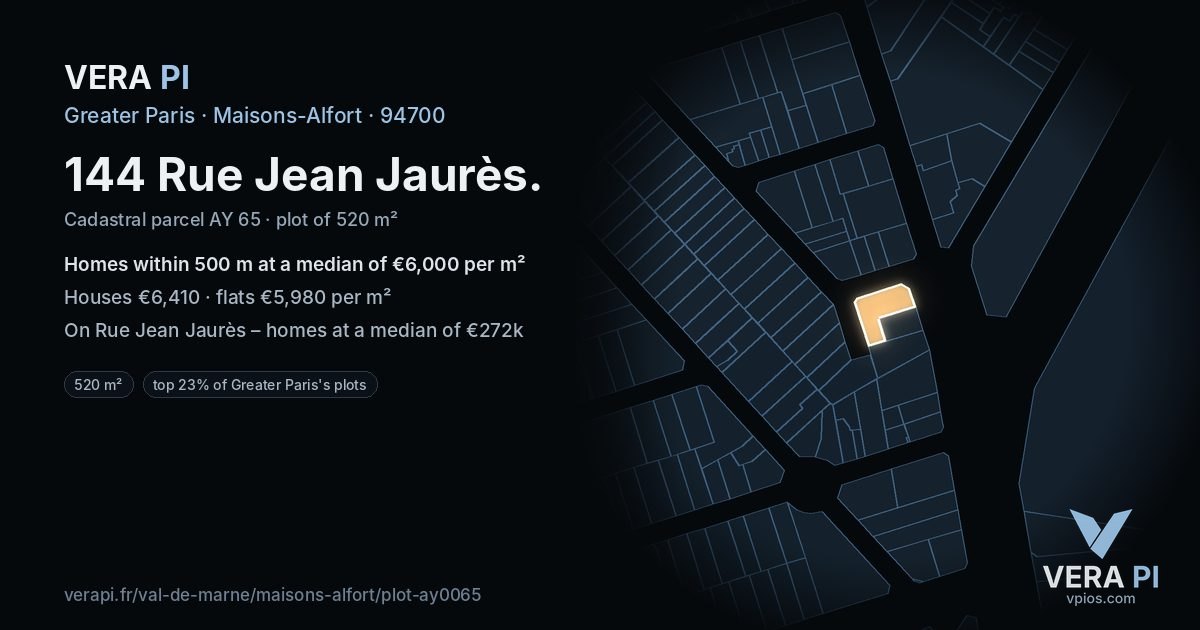 144 Rue Jean Jaurès, Maisons-Alfort at night – the plot lit, the parcels around coloured by the prices near them
