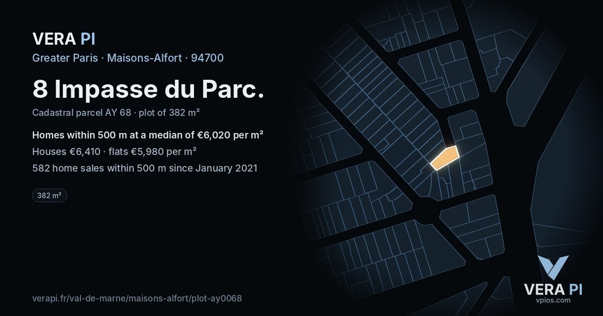 8 Impasse du Parc, Maisons-Alfort at night – the plot lit, the parcels around coloured by the prices near them