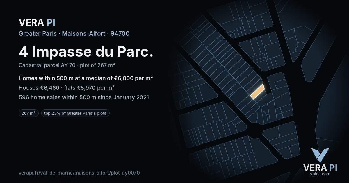 4 Impasse du Parc, Maisons-Alfort at night – the plot lit, the parcels around coloured by the prices near them