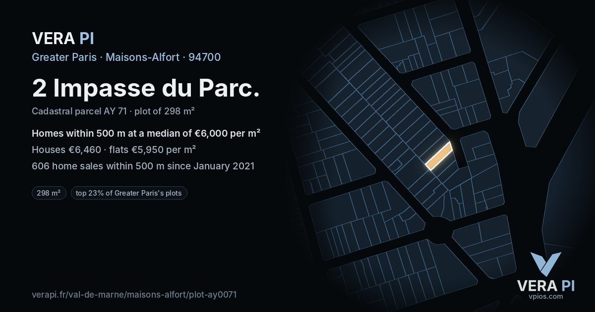 2 Impasse du Parc, Maisons-Alfort at night – the plot lit, the parcels around coloured by the prices near them