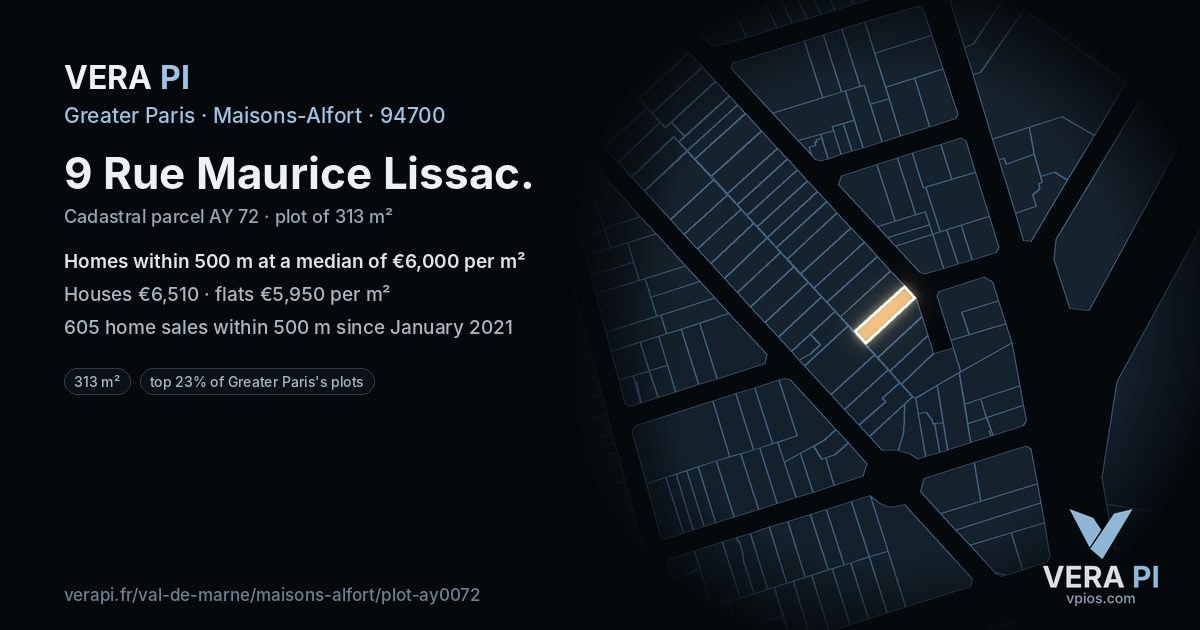 9 Rue Maurice Lissac, Maisons-Alfort at night – the plot lit, the parcels around coloured by the prices near them